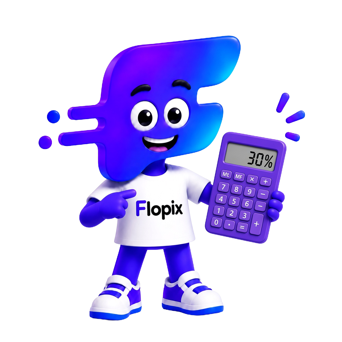 Mascotte Flopix calculant les 30% de commission du parrain