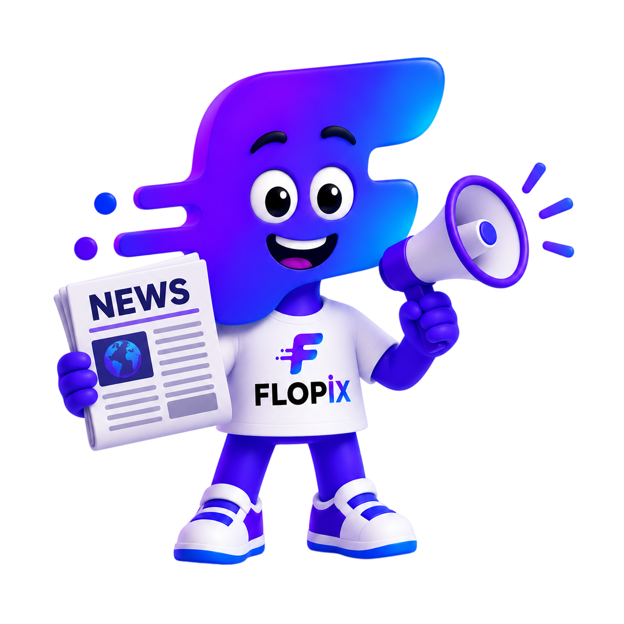 Mascotte Flopix présentant les derniers articles Flopix